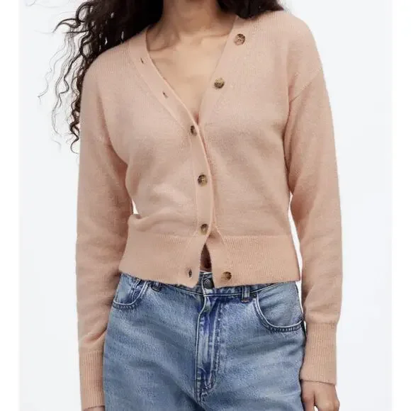 Madewell Alpaca-Blend V-Neck Cardigan WMNS S Pink Button Front NU530 Cropped LS